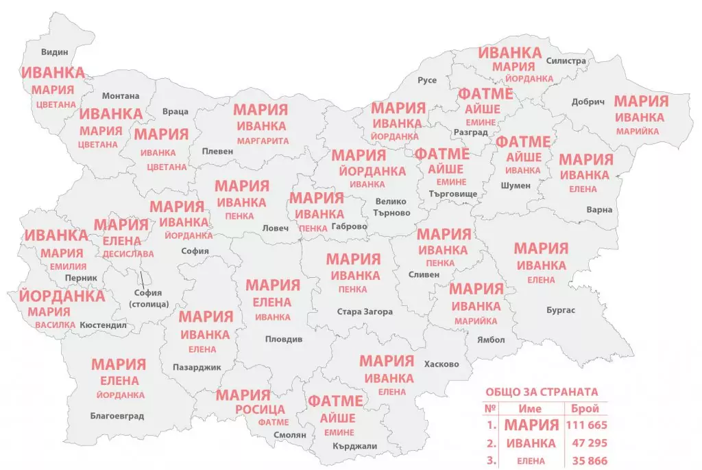 Разпределение на имената по области жени Разпределение на имената по области жени