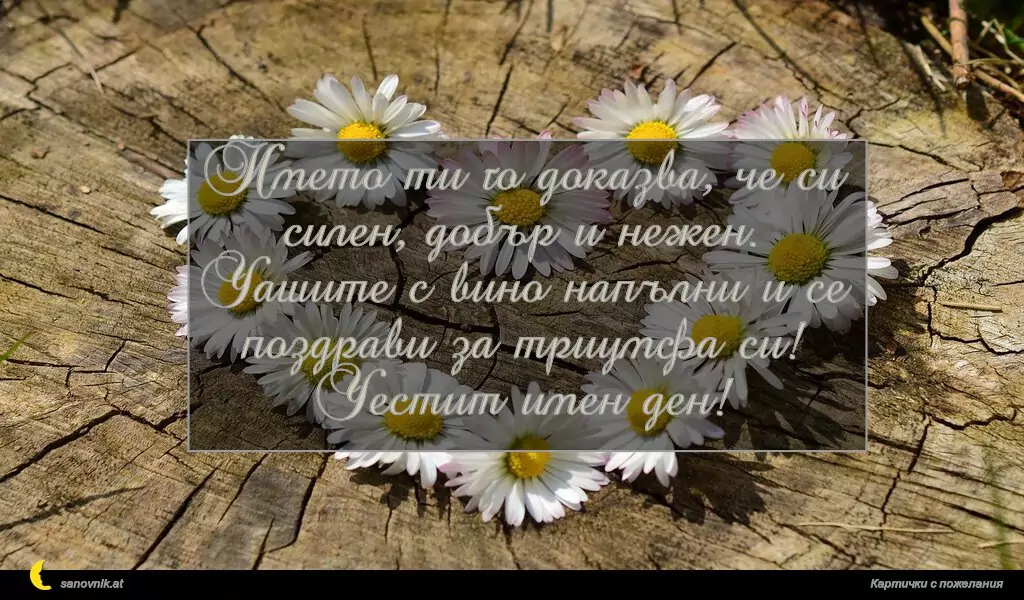 sanovnik.at - Картички за Именни Дни Името ти го доказва, че си силен, добър и нежен. Чашите с вино напълни и се поздрави за триумфа си! Честит имен ден!