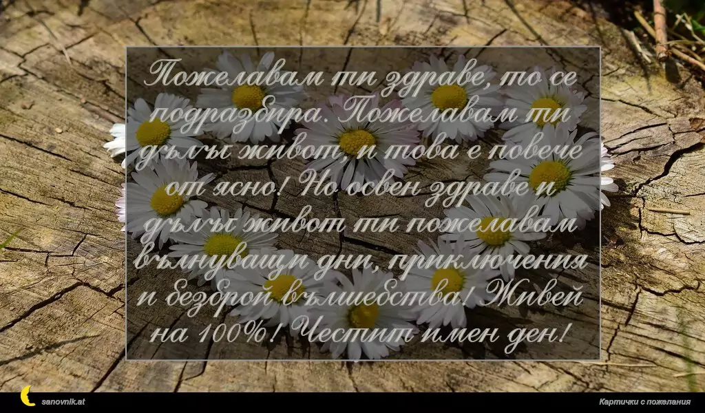 sanovnik.at - Картички за Именни Дни Пожелавам ти здраве, то се подразбира. Пожелавам ти дълъг живот, и това е повече от ясно! Но освен здраве и дълъг живот ти пожелавам вълнуващи дни, приключения и безброй вълшебства! Живей на 100%! Честит имен ден!