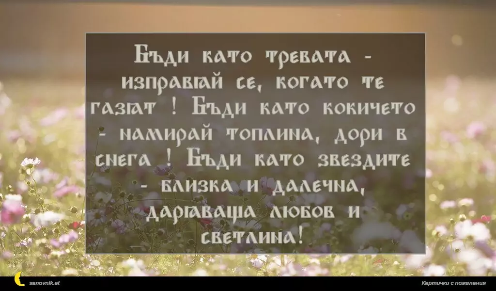 sanovnik.at - Картички за Именни Дни Бъди като тревата - изправяй се, когато те газят ! Бъди като кокичето - намирай топлина, дори в снега ! Бъди като звездите - близка и далечна, даряваща любов и светлина!