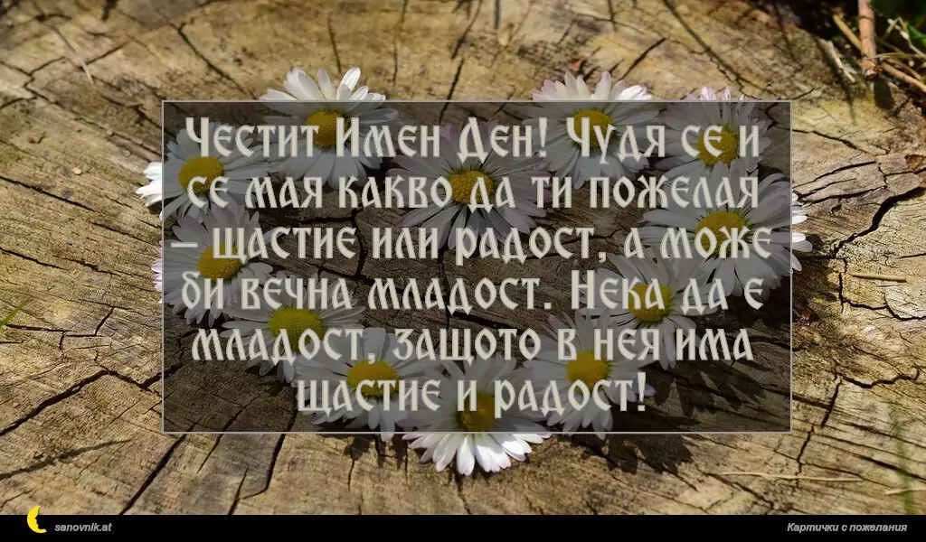 sanovnik.at - Картички за Именни Дни Честит Имен Ден! Чудя се и се мая какво да ти пожелая – щастие или радост, а може би вечна младост. Нека да е младост, защото в нея има щастие и радост!