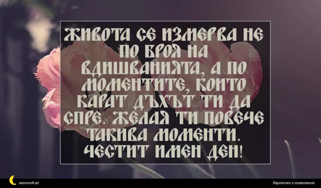 sanovnik.at - Картички за Именни Дни Живота се измерва не по броя на вдишванията, а по моментите, които карат дъхът ти да спре. Желая ти повече такива моменти. Честит имен ден!