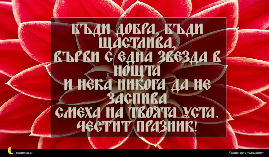 Бъди добра, бъди щастлива,
върви с една звезда в нощта
и нека никога да не заспива
смеха на твоята уста.
Честит празник!