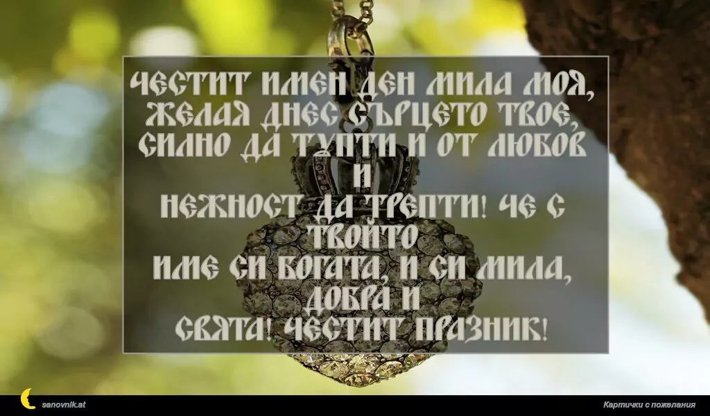 Честит имен ден мила моя,
желая днес сърцето твое,
силно да тупти и от любов и
нежност да трепти! Че с твойто
име си богата, и си мила, добра и
свята! Честит празник!