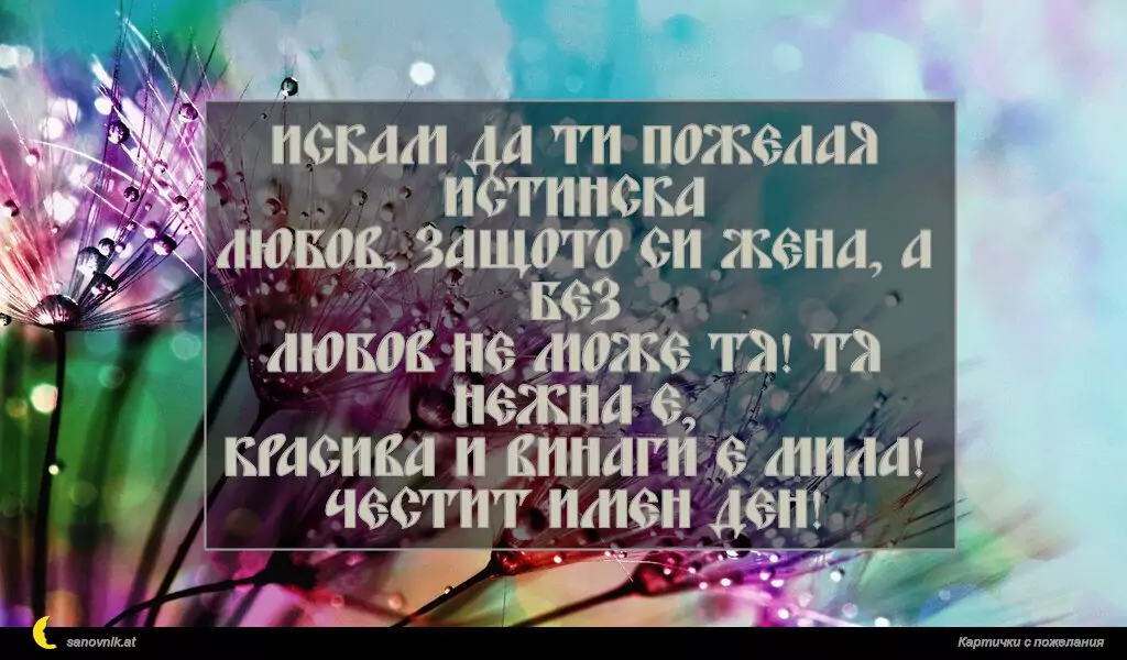 Искам да ти пожелая истинска
любов, защото си жена, а без
любов не може тя! Тя нежна е,
красива и винаги е мила!
Честит имен ден!