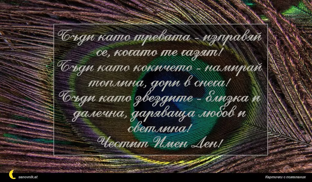 Бъди като тревата - изправяй се, когато те газят!
Бъди като кокичето - намирай топлина, дори в снега!
Бъди като звездите - близка и далечна, даряваща любов и светлина!
Честит Имен Ден!