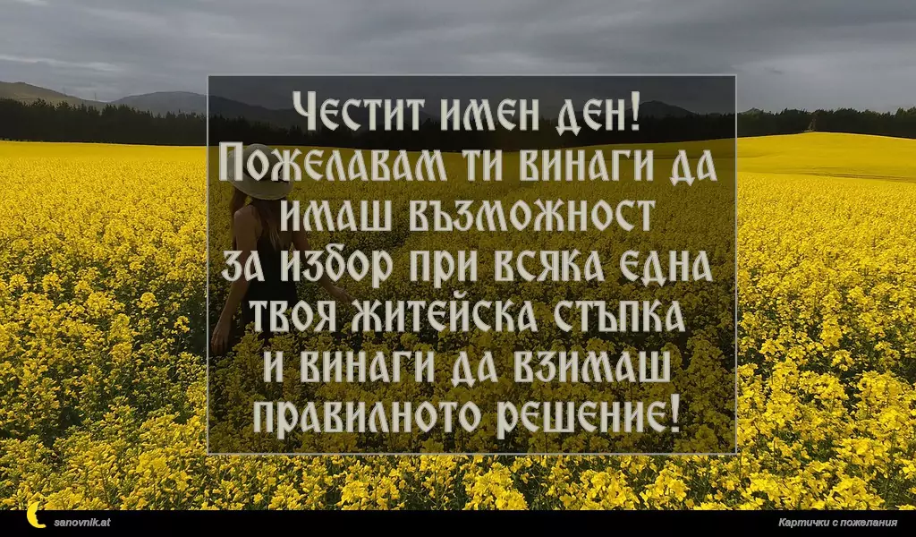 Честит имен ден!
Пожeлавам ти винаги да имаш възможност
за избор при всяка една твоя житейска стъпка
и винаги да взимаш правилното решение!