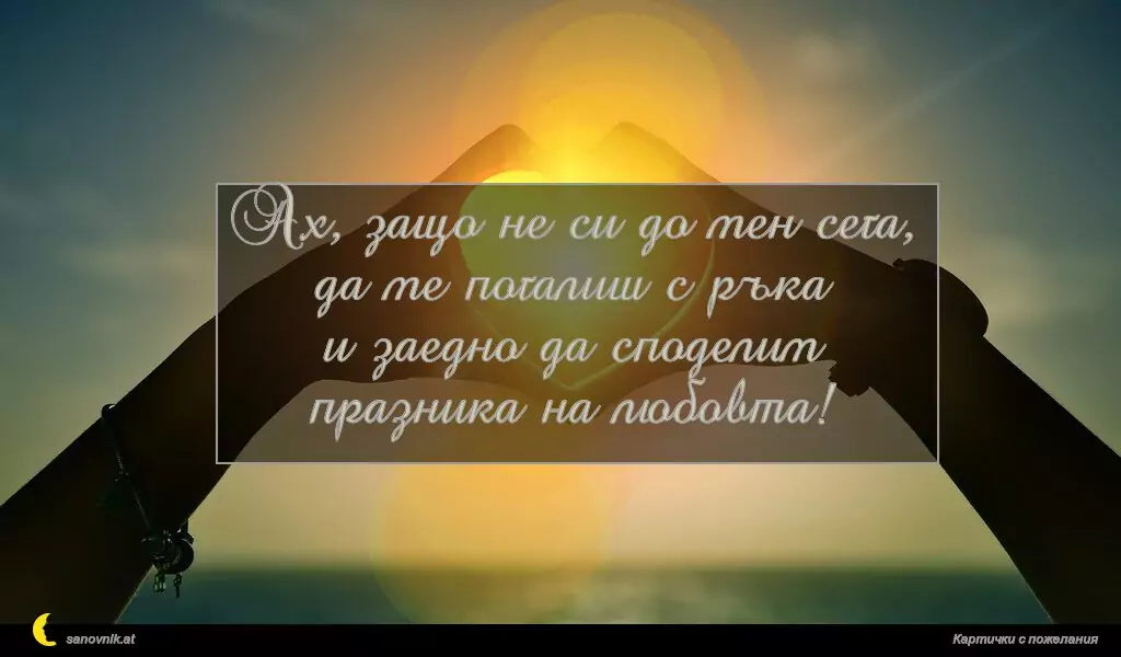 Ах, защо не си до мен сега,
да ме погалиш с ръка
и заедно да споделим
празника на любовта!