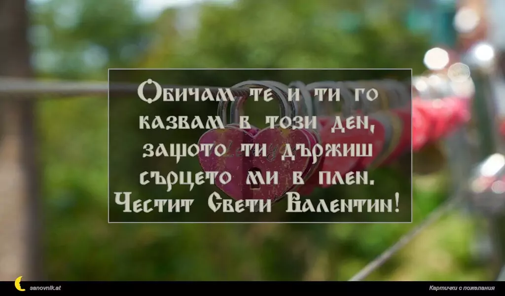 Обичам те и ти го казвам в този ден,
защото ти държиш сърцето ми в плен.
Честит Свети Валентин!