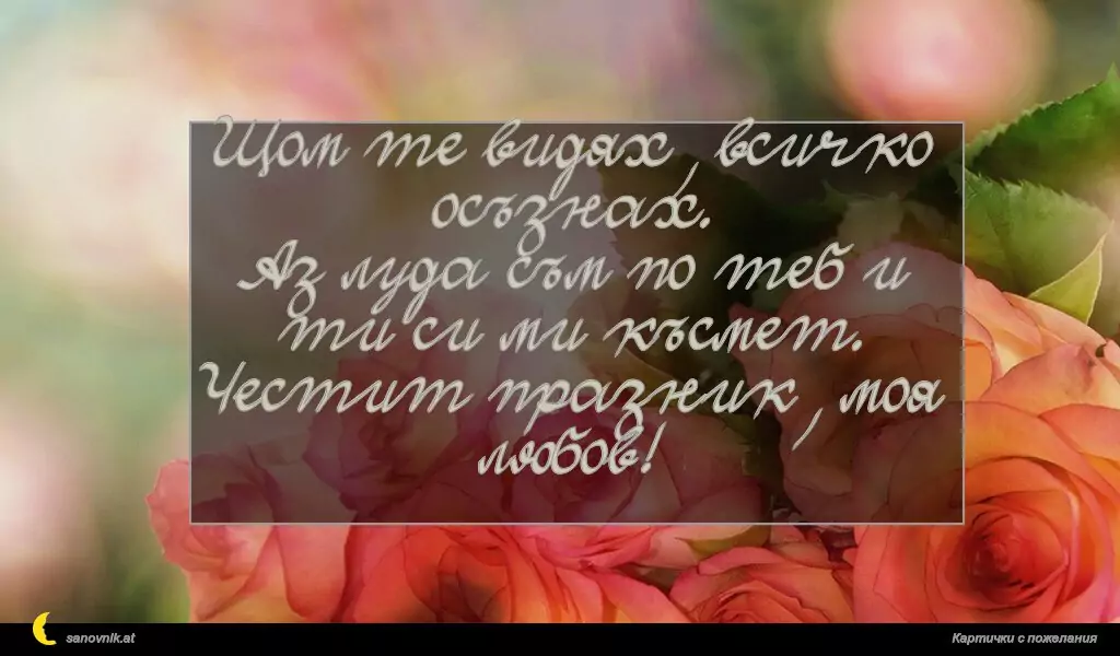 Щом те видях, всичко осъзнах.
Аз луда съм по теб и ти си ми късмет.
Честит празник, моя любов!