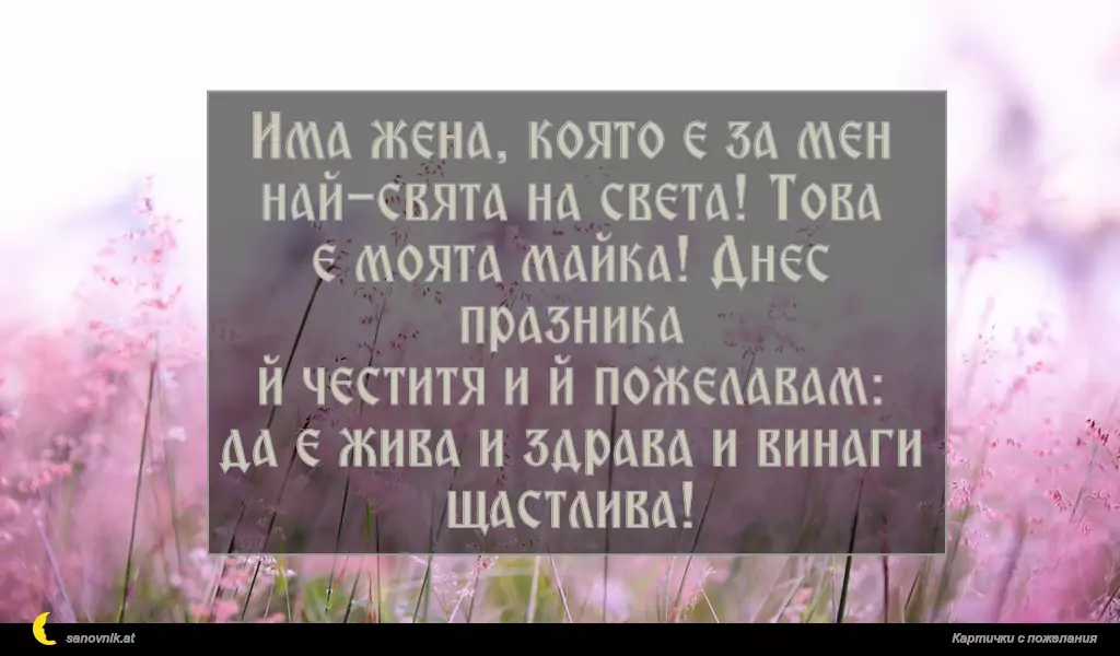 Има жена, която е за мен
най-свята на света! Това
е моята майка! Днес празника
й честитя и й пожелавам:
да е жива и здрава и винаги
щастлива!