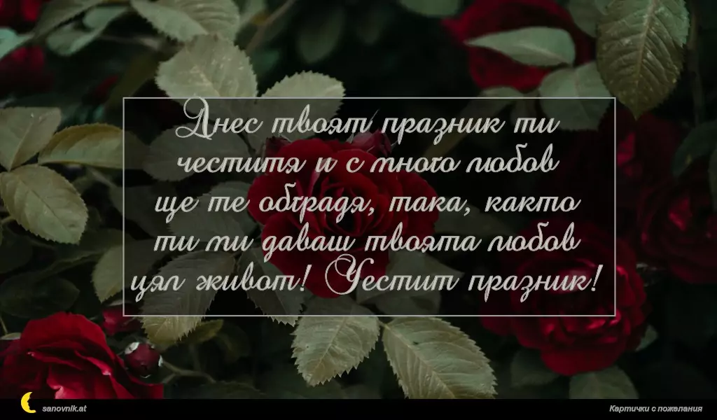 Днес твоят празник ти
честитя и с много любов
ще те обградя, така, както
ти ми даваш твоята любов
цял живот! Честит празник!