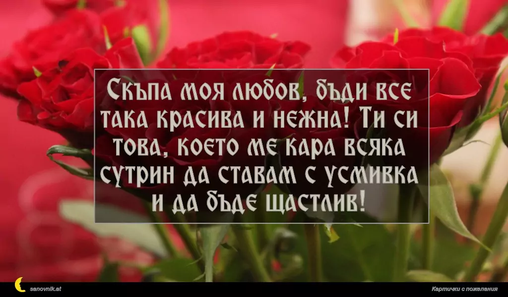 Скъпа моя любов, бъди все така красива и нежна! Ти си това, което ме кара всяка сутрин да ставам с усмивка и да бъде щастлив!