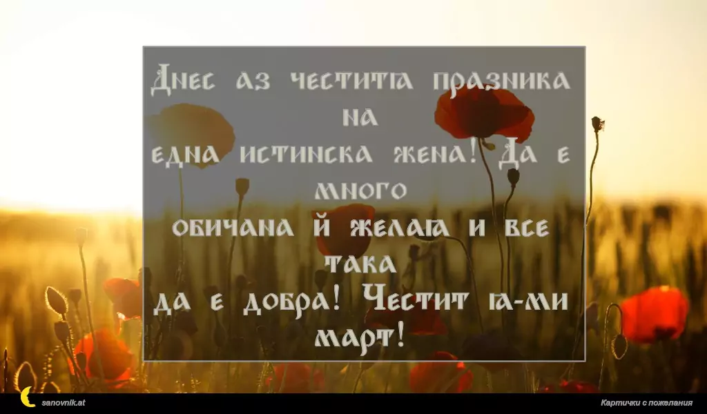 Днес аз честитя празника на
една истинска жена! Да е много
обичана й желая и все така
да е добра! Честит 8-ми март!