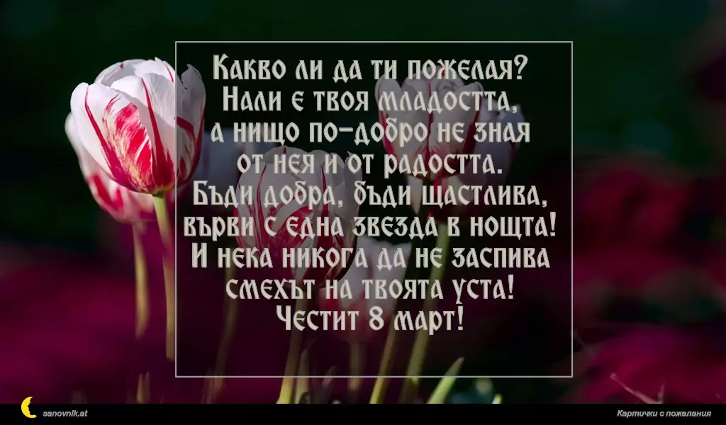 Какво ли да ти пожелая?
Нали е твоя младостта,
а нищо по-добро не зная
от нея и от радостта.
Бъди добра, бъди щастлива,
върви с една звезда в нощта!
И нека никога да не заспива
смехът на твоята уста!
Честит 8 март!