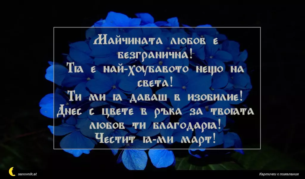 Майчината любов е безгранична!
Тя е най-хубавото нещо на света!
Ти ми я даваш в изобилие!
Днес с цвете в ръка за твоята
любов ти благодаря!
Честит 8-ми март!
