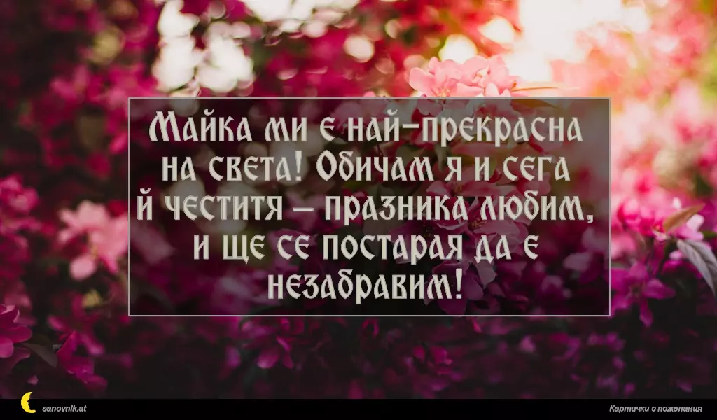 Майка ми е най-прекрасна
на света! Обичам я и сега
й честитя – празника любим,
и ще се постарая да е
незабравим!