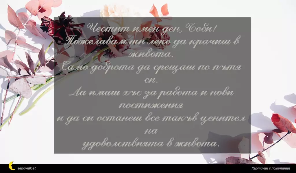 sanovnik.at - Картички за Борис-Михаил Честит имен ден, Боби!
Пожелавам ти леко да крачиш в живота.
Само доброта да срещаш по пътя си.
Да имаш хъс за работа и нови постижения
и да си останеш все такъв ценител на
удоволствията в живота.