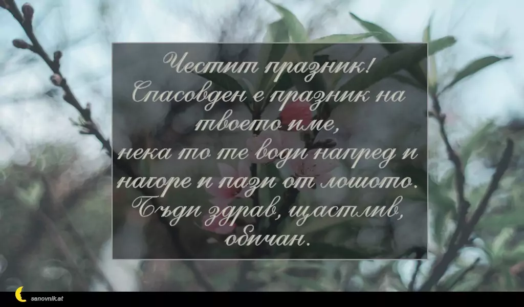 sanovnik.at - Картички за имен ден на Спасовден Честит празник!
Спасовден е празник на твоето име,
нека то те води напред и нагоре и пази от лошото.
Бъди здрав, щастлив, обичан.
