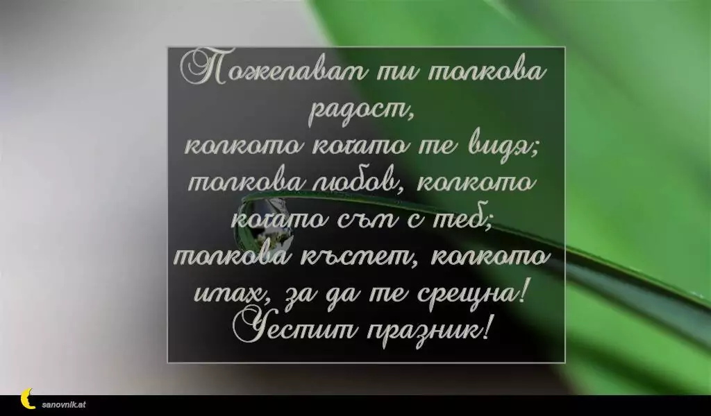 sanovnik.at - Картички за Петковден Пожелавам ти толкова радост,
колкото когато те видя;
толкова любов, колкото когато съм с теб;
толкова късмет, колкото имах, за да те срещна!
Честит празник!