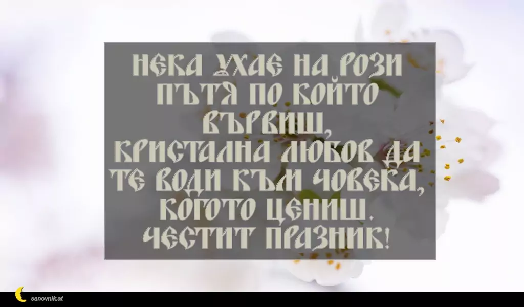 sanovnik.at - Картички за Петковден Нека ухае на рози пътя по който вървиш,
кристална любов да те води към човека,
когото цениш.
Честит празник!