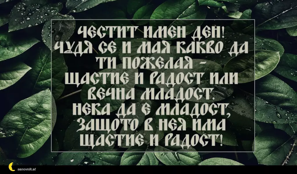 sanovnik.at - Картички за Петковден Честит Имен Ден!
Чудя се и мая какво да ти пожелая -
щастие и радост или вечна младост.
Нека да е младост,
защото в нея има щастие и радост!