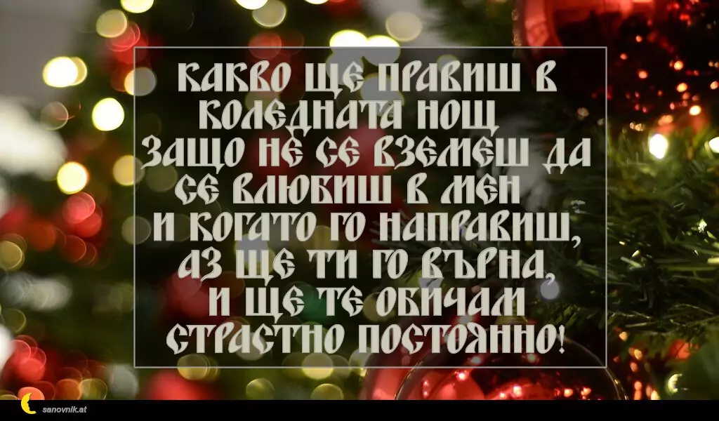sanovnik.at - Картички за Коледа Какво ще правиш в Коледната нощ?
Защо не се вземеш да се влюбиш в мен?
И когато го направиш, аз ще ти го върна,
и ще те обичам страстно постоянно!