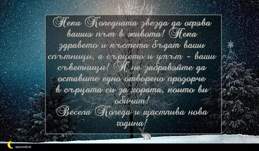 sanovnik.at - Картички за Коледа Нека Коледната звезда да огрява вашия път в живота! Нека здравето и късмета бъдат ваши спътници, а сърцето и умът - ваши съветници! И не забравяйте да оставите едно отворено прозорче в сърцата си за хората, които ви обичат!
Весела Коледа и щастлива нова година!