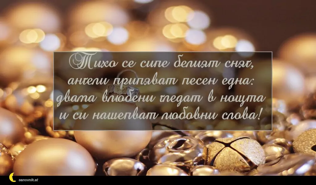 sanovnik.at - Картички за Коледа Тихо се сипе белият сняг, ангели припяват песен една:
двама влюбени гледат в нощта и си нашепват любовни слова!