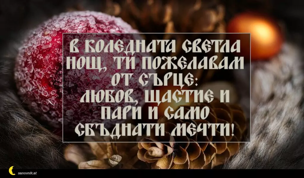 sanovnik.at - Картички за Коледа В Коледната светла нощ, ти пожелавам от сърце:
любов, щастие и пари и само сбъднати мечти!
