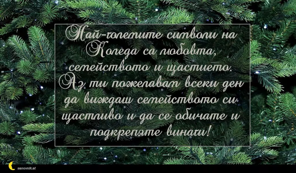 sanovnik.at - Картички за Коледа Най-големите символи на Коледа са любовта, семейството и щастието. Аз ти пожелавам всеки ден да виждаш семейството си щастливо и да се обичате и подкрепяте винаги!