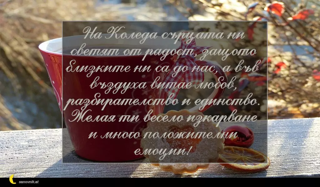 sanovnik.at - Картички за Коледа На Коледа сърцата ни светят от радост, защото близките ни са до нас, а във въздуха витае любов, разбирателство и единство. Желая ти весело изкарване и много положителни емоции!