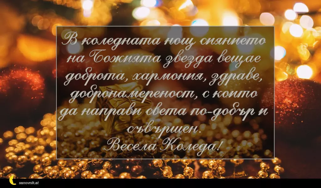 sanovnik.at - Картички за Коледа В коледната нощ сиянието на Божията звезда вещае доброта, хармония, здраве, добронамереност, с които да направи света по-добър и съвършен.
Весела Коледа!