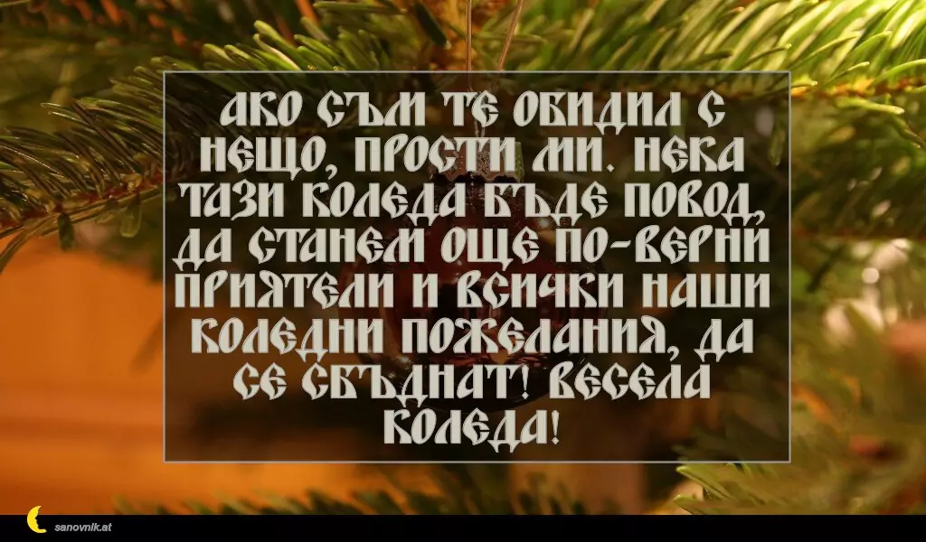 sanovnik.at - Картички за Коледа Ако съм те обидил с нещо, прости ми. Нека тази Коледа бъде повод, да станем още по-верни приятели и всички наши коледни пожелания, да се сбъднат! Весела Коледа!