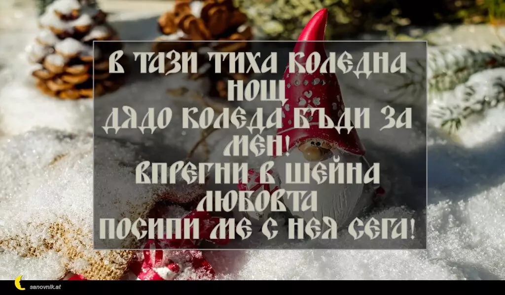 sanovnik.at - Картички за Коледа В тази тиха коледна нощ
дядо Коледа бъди за мен!
Впрегни в шейна любовта
посипи ме с нея сега!