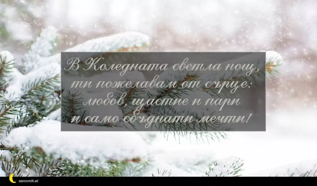 sanovnik.at - Картички за Коледа В Коледната светла нощ,
ти пожелавам от сърце:
любов, щастие и пари
и само сбъднати мечти!