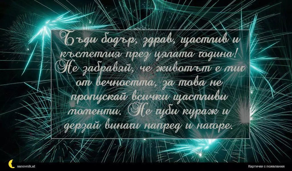 Бъди бодър, здрав, щастлив и късметлия през цялата година!
Не забравяй, че животът е миг от вечността, за това не пропускай всички щастливи моменти. Не губи кураж и дерзай винаги напред и нагоре.