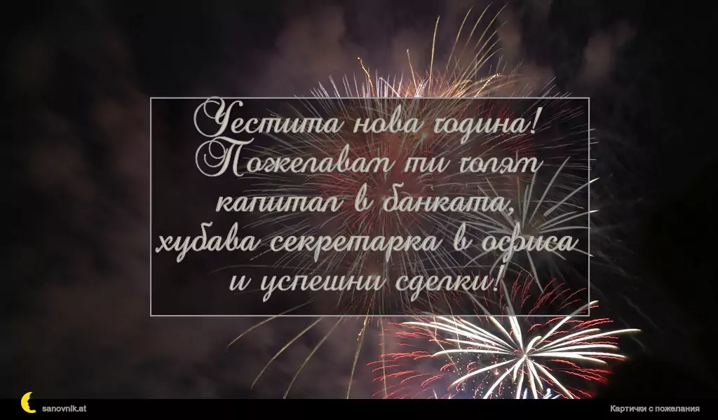 Честита нова година!
Пожелавам ти голям капитал в банката,
хубава секретарка в офиса и успешни сделки!