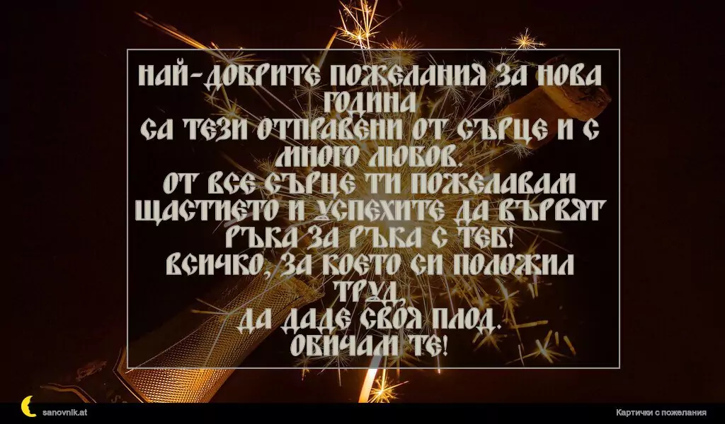 Най-добрите пожелания за Нова година
са тези отправени от сърце и с много любов.
От все сърце ти пожелавам
щастието и успехите да вървят ръка за ръка с теб!
Всичко, за което си положил труд,
да даде своя плод.
Обичам те!