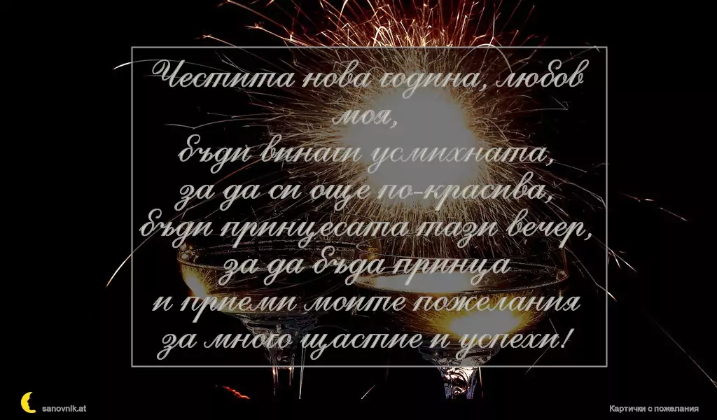 Честита нова година, любов моя,
бъди винаги усмихната,
за да си още по-красива,
бъди принцесата тази вечер,
за да бъда принца
и приеми моите пожелания
за много щастие и успехи!