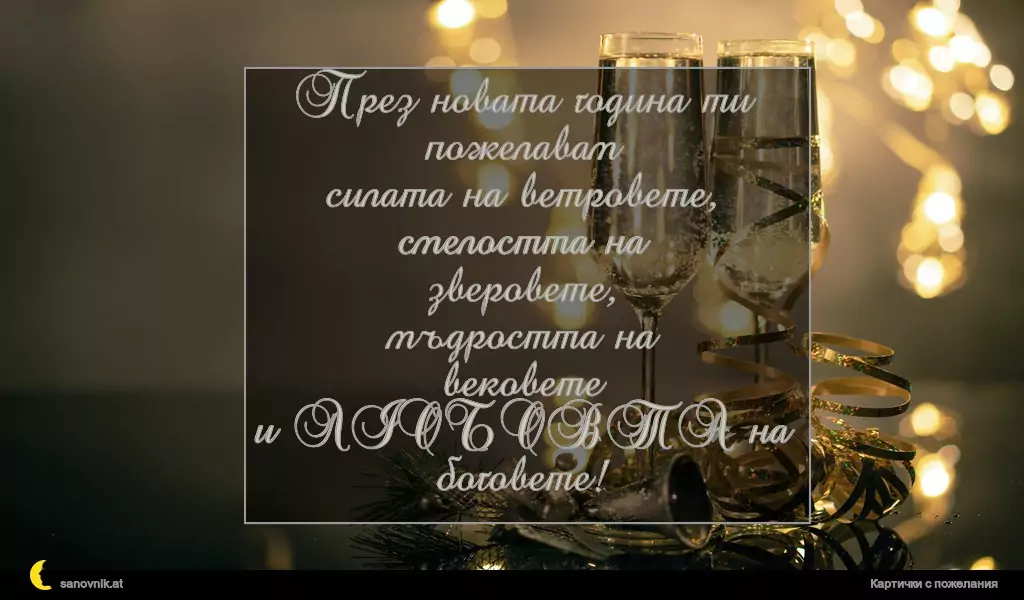 През новата година ти пожелавам
силата на ветровете,
смелостта на зверовете,
мъдростта на вековете
и ЛЮБОВТА на боговете!