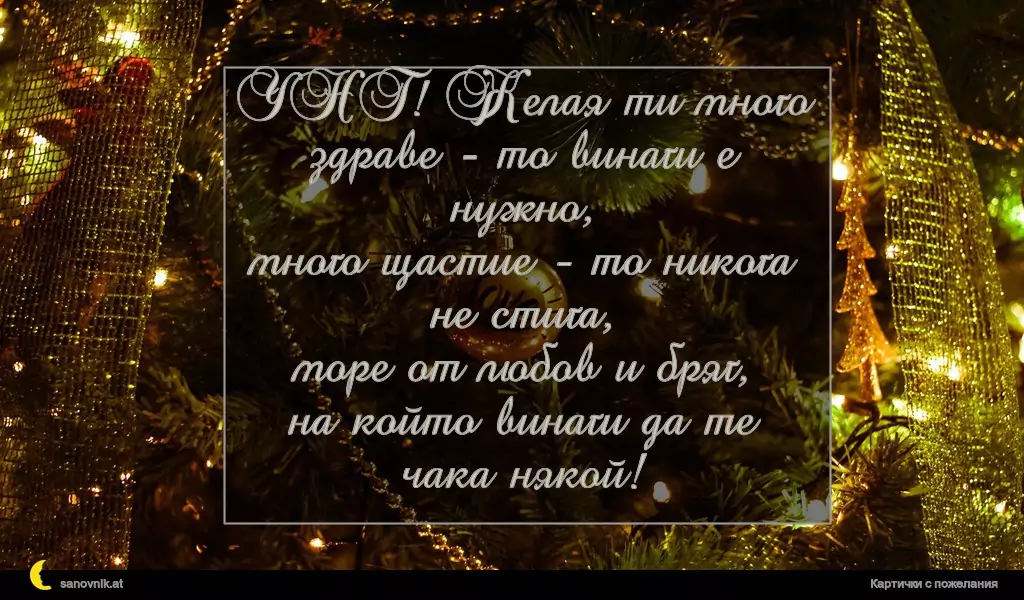 ЧНГ! Желая ти много здраве - то винаги е нужно,
много щастие - то никога не стига,
море от любов и бряг,
на който винаги да те чака някой!