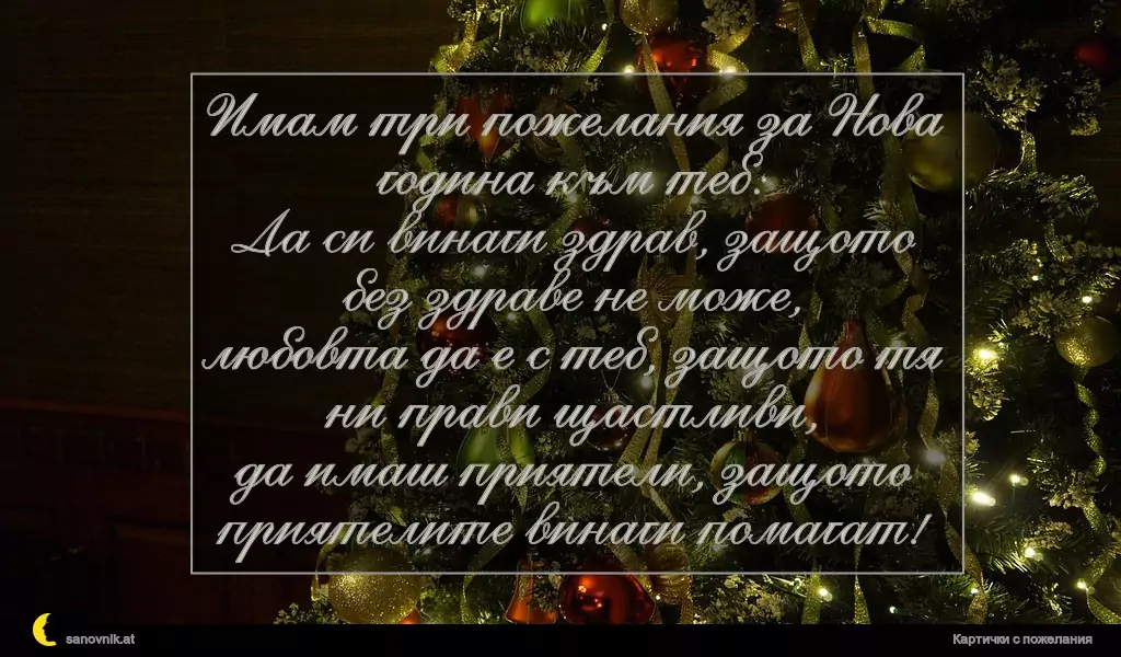 Имам три пожелания за Нова година към теб:
Да си винаги здрав, защото без здраве не може,
любовта да е с теб, защото тя ни прави щастливи,
да имаш приятели, защото приятелите винаги помагат!