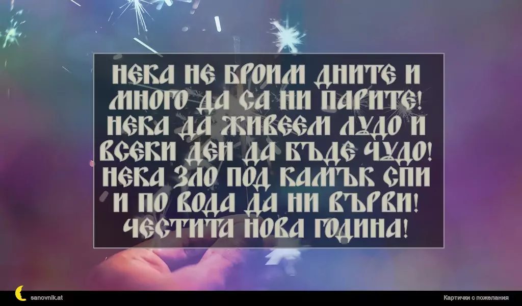 Нека не броим дните и много да са ни парите!
Нека да живеем лудо и всеки ден да бъде чудо!
Нека зло под камък спи и по вода да ни върви!
Честита нова година!