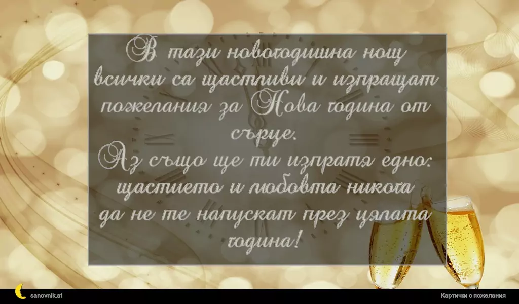 В тази новогодишна нощ
всички са щастливи и изпращат
пожелания за Нова година от сърце.
Аз също ще ти изпратя едно:
щастието и любовта никога
да не те напускат през цялата година!