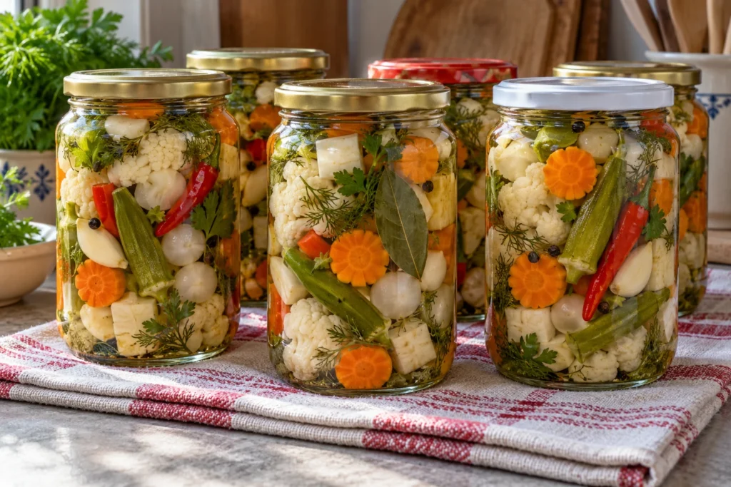 Буркани със смесена туршия от карфиол, моркови, бамя и люти чушки