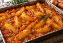 Сочни картофи по селски с лук, морков и сос с червен пипер