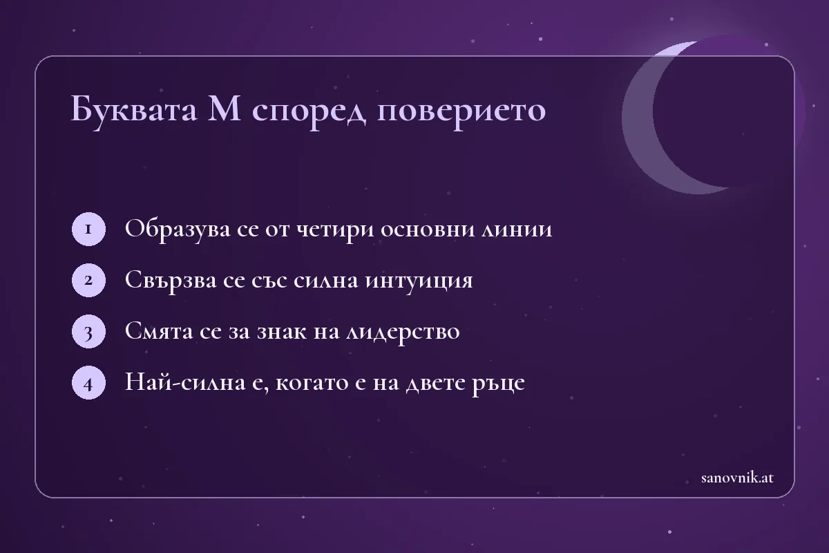 Карта с основните значения на буквата М на дланта