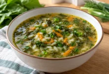 Чорба от киселец с ориз, морков и копър в бяла купичка