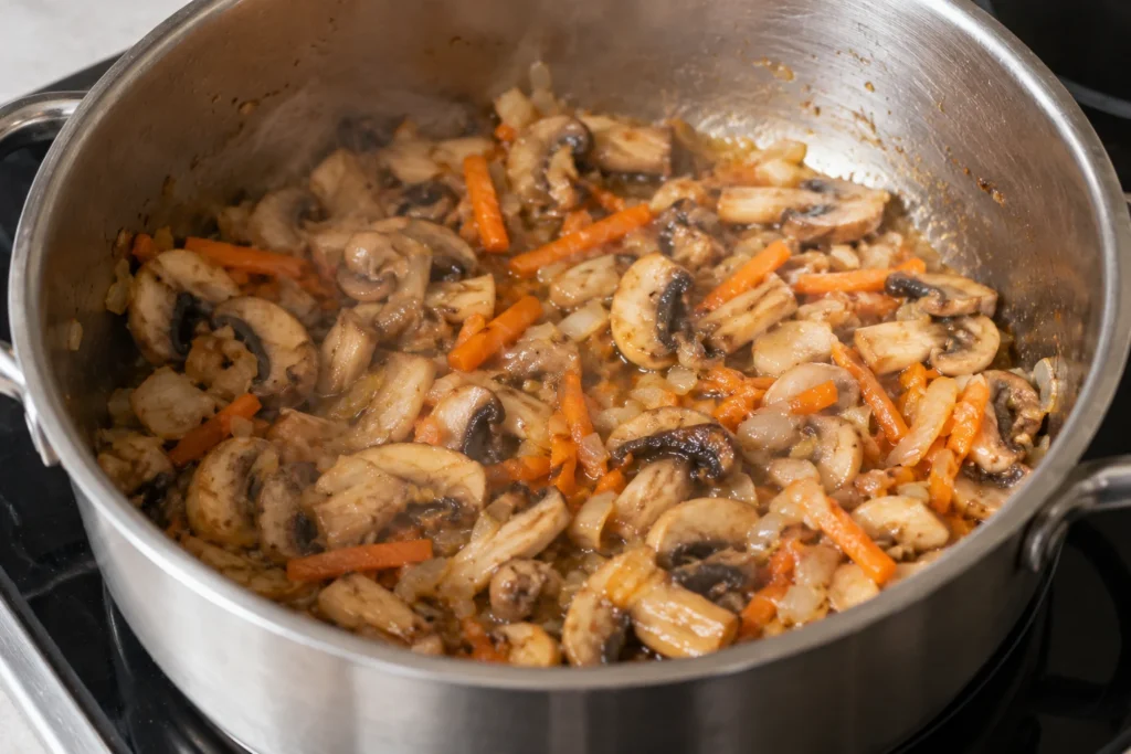 Запържване на гъби с лук и моркови за яхния